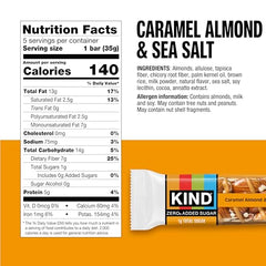Close-up of KIND ZERO caramel almond sea salt bar with drizzle and almonds.