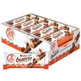 Kinder Bueno bar with milk chocolate, crispy wafer, and hazelnut cream for a snackable treat.