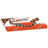 Kinder Bueno milk chocolate bar with crispy wafer and hazelnut cream—crunchy and creamy.