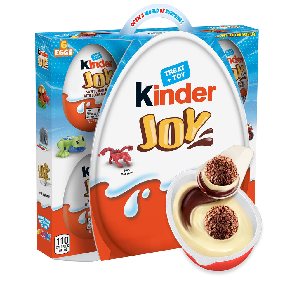 Kinder Joy eggs six-pack packaging showing dual treat and toy surprise for gifting.