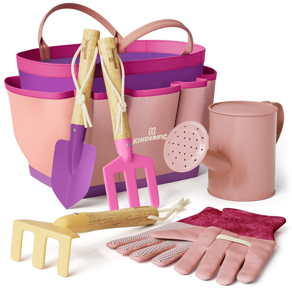Kinderific gardening set full collection shown with tote and kid-friendly tools for safe outdoor play.