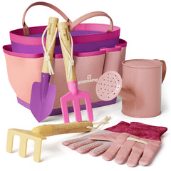 Kinderific gardening set full collection shown with tote and kid-friendly tools for safe outdoor play.