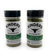 Kinder's Buttery Garlic & Herb seasoning bottle front view, great for grilling