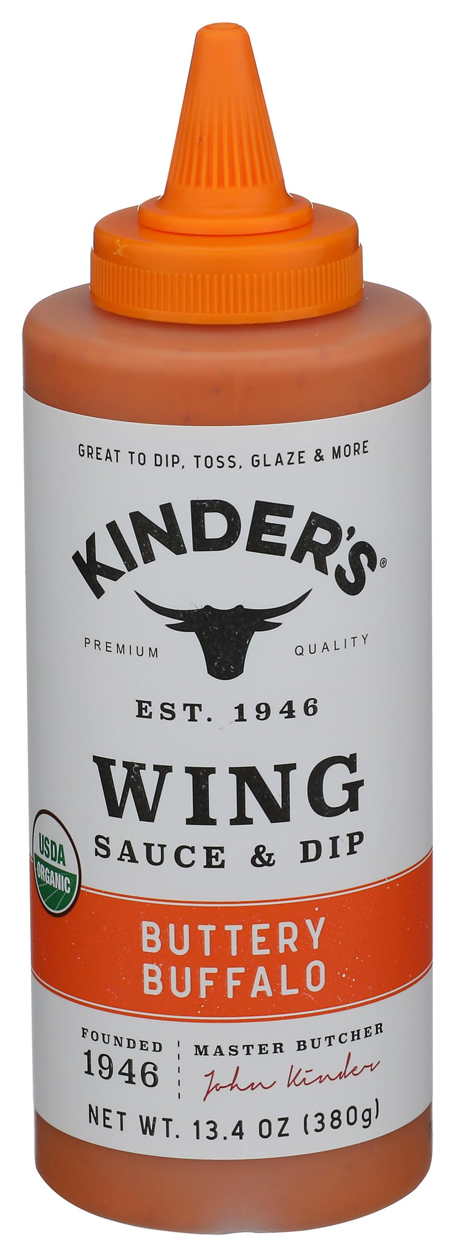 Kinders Organic Buttery Buffalo Wing Sauce bottle provides convenient wings glaze.