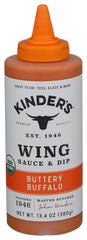 Kinders Organic Buttery Buffalo Wing Sauce bottle provides convenient wings glaze.