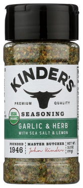 KINDER'S organic garlic herb sea salt lemon seasoning canister adds everyday flavor.