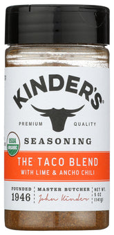 KINDER'S Organic Taco Blend Seasoning packaging shows fresh, ready-to-use flavor for meals.