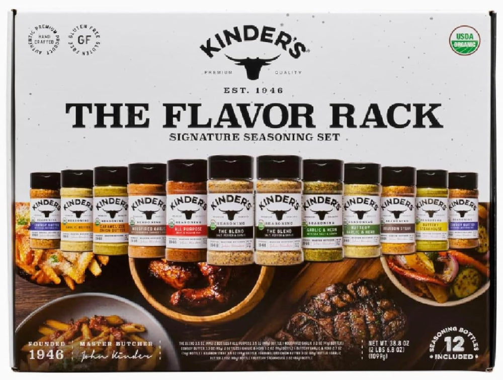 Kinder's Organic The Flavor Rack with 12 blends displayed, ideal for grilling and everyday cooking.