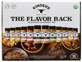 Kinder's Organic The Flavor Rack with 12 blends displayed, ideal for grilling and everyday cooking.
