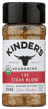 Kinders Organic The Steak Blend Seasoning jar shown for flavorful steaks