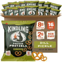 Kindling Protein Pretzels Dill-Pickle bag for on-the-go protein boost.