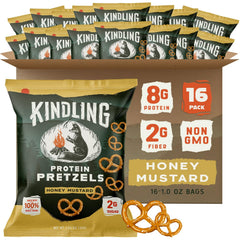 Kindling Protein Pretzels Honey Mustard packaging front highlighting kosher and protein