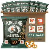 Kindling Protein Pretzels Sea Salt bag front, protein-packed snack for on-the-go