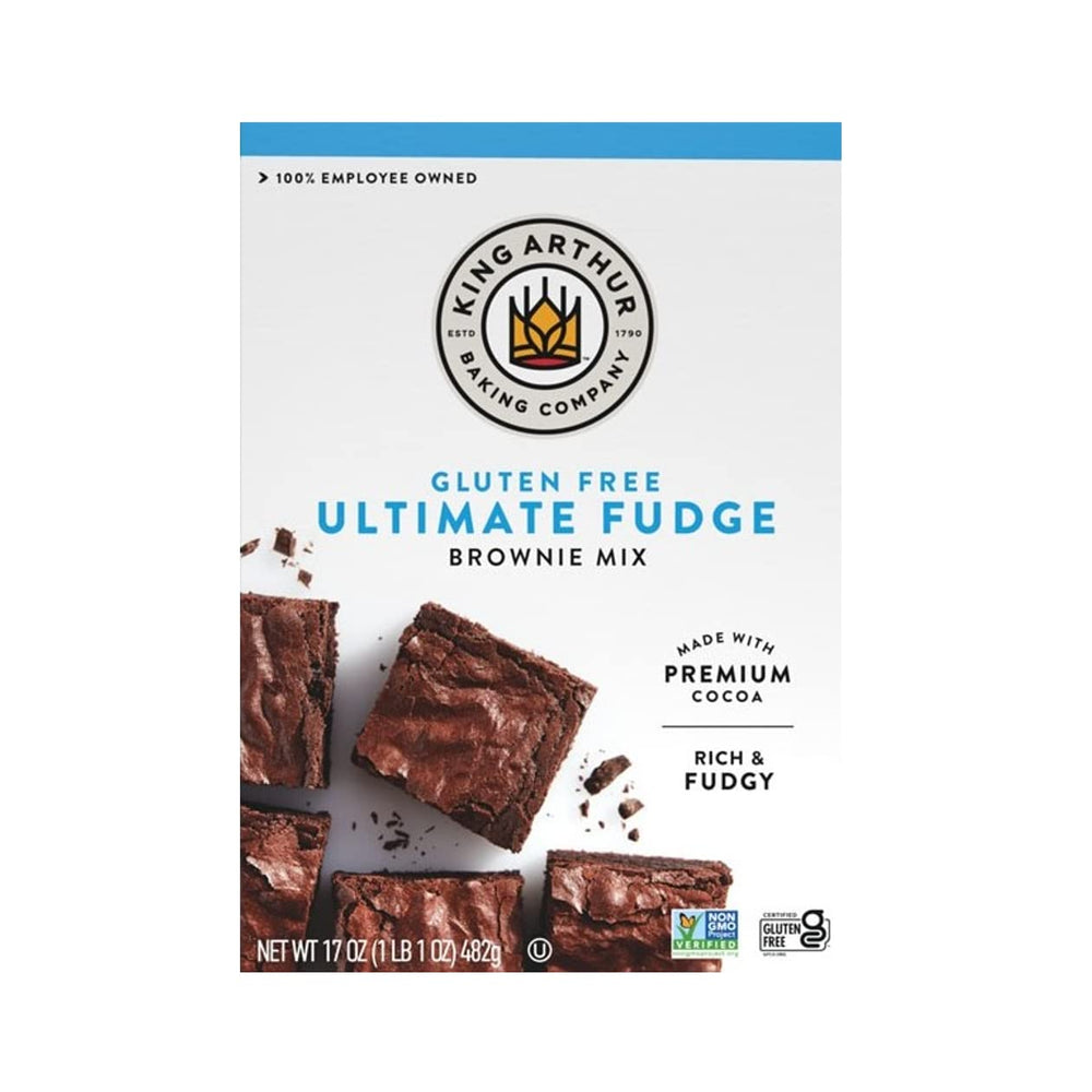 King Arthur gluten-free fudge brownie mix box on counter for easy gluten-free baking.