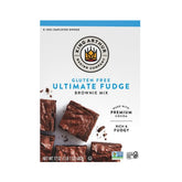 King Arthur gluten-free fudge brownie mix box on counter for easy gluten-free baking.