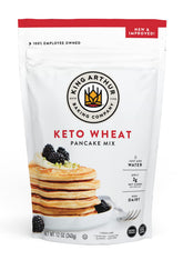 King Arthur Keto Wheat Pancake Mix packaging shows non-GMO and kosher certification.