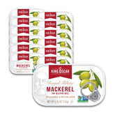 King Oscar mackerel in olive oil can on shelf; protein-rich pantry staple.