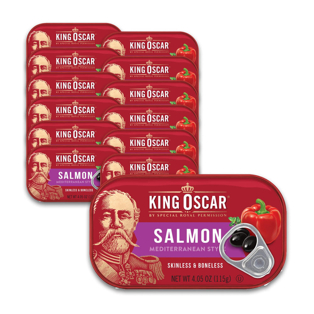 King Oscar premium salmon in olive oil, Mediterranean style, ready for quick meals.