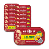 King Oscar premium salmon in olive oil with lemon can front; ready for quick meals
