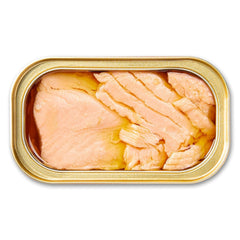 King Oscar skinless boneless salmon olive oil can image emphasizes easy open, mess-free dining