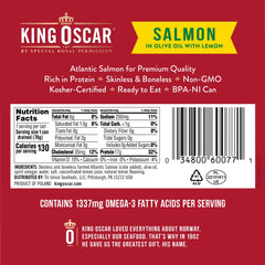 King Oscar skinless boneless salmon olive oil can back showing ingredients and quality