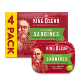King Oscar wild-caught sardines in olive oil in a 4-pack can, convenient ready-to-eat.