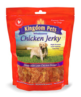 Kingdom Pets chicken jerky packaging highlighting 3-ingredient, high-protein snack.