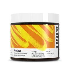 Kion Aminos Essential Mango tub label highlighting full EAA and BCAA support for energy and recovery.