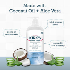 Coconut oil and aloe vera blend for a creamy, soothing lather.