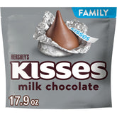 Kisses milk chocolate family pack on packaging view, ready for sharing at gatherings.