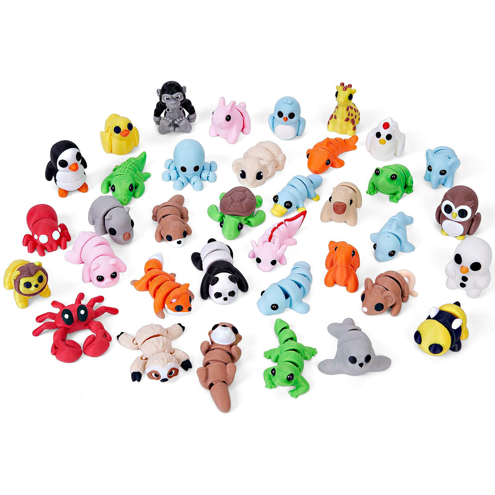 KittyCode 36-piece mini 3D printed animal figurines set for desk display and imaginative play.