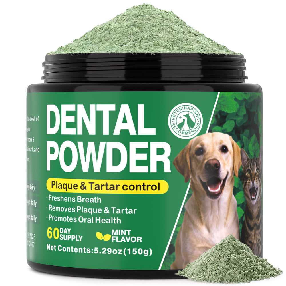 Kiuquty dog dental powder bottle shows a two-month supply for ongoing pet oral care.