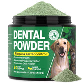 Kiuquty dog dental powder bottle shows a two-month supply for ongoing pet oral care.