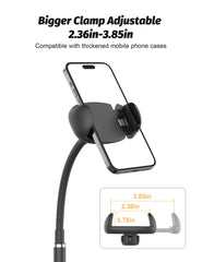 Klsniur cell phone stand gooseneck arm enabling flexible height and angle adjustments.
