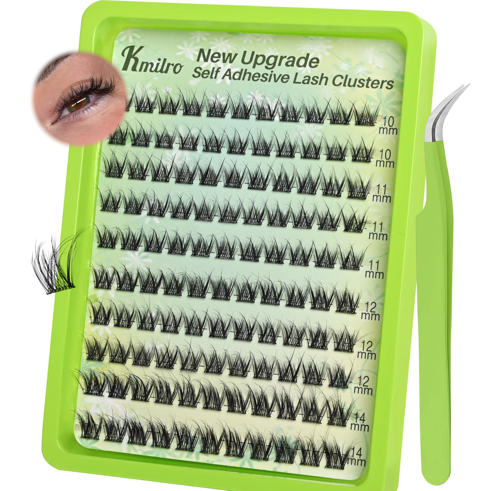 Kmilro self-adhesive eyelashes 10-14mm wispy clusters for natural fullness.