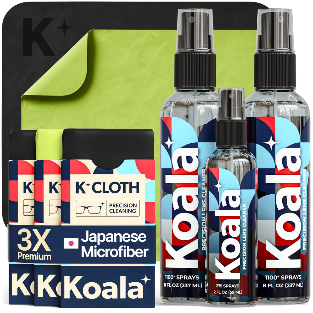 Koala lens cleaner spray bottle pour demonstrates quick, streak-free mist for glasses