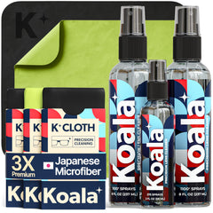 Koala lens cleaner spray bottle pour demonstrates quick, streak-free mist for glasses