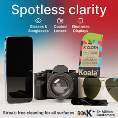 Koala microfiber with ultra-dense weave lifts oils and dust from optics.