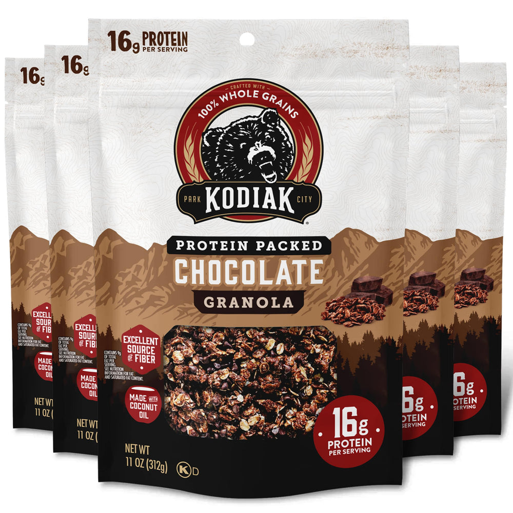Kodiak Cakes Chocolate Granola pack with resealable pouch for on-the-go protein.