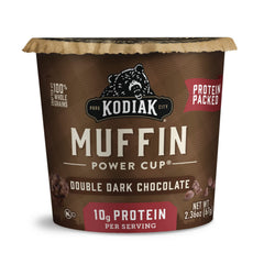Kodiak Cakes Minute Muffins Double Dark Chocolate 12-pack on shelf for quick mornings.