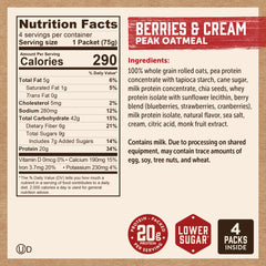 Close-up of Kodiak Cakes Peak Oatmeal packet highlighting berries & cream flavor.