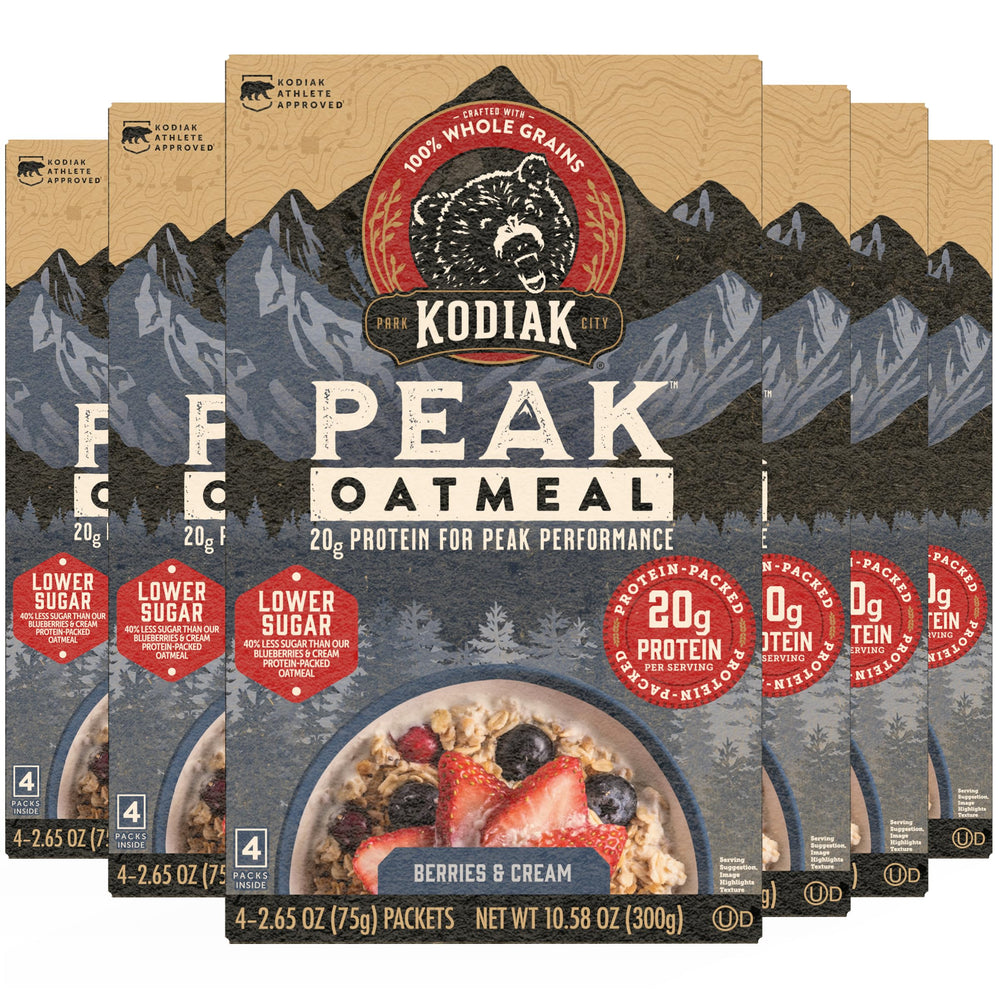 Kodiak Cakes Peak Oatmeal Packets with Berries & Cream, ready-to-mix breakfast on the go.
