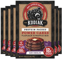 Kodiak Cakes Power Cakes Dark Chocolate packaging shows protein-rich breakfast option.