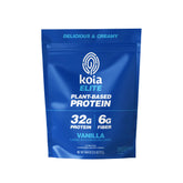 Koia Elite Vanilla protein powder tub front shows a dairy-free, workout-ready option.