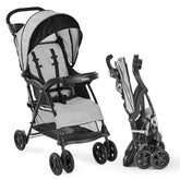 Kolcraft Cloud Plus slate gray stroller assembled for travel convenience.