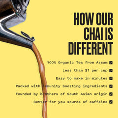 Pouring Kolkata Chai Co chai into a cup with rich aroma.
