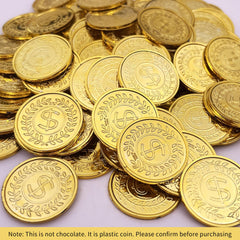 KOMIDK gold-plated plastic coins shown with a treasure chest for games