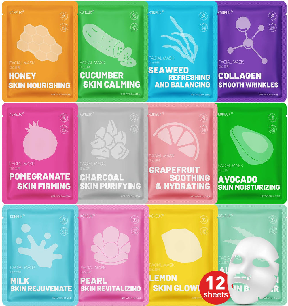 KONEUK 12-pack face mask set packaging for easy at-home spa nights.