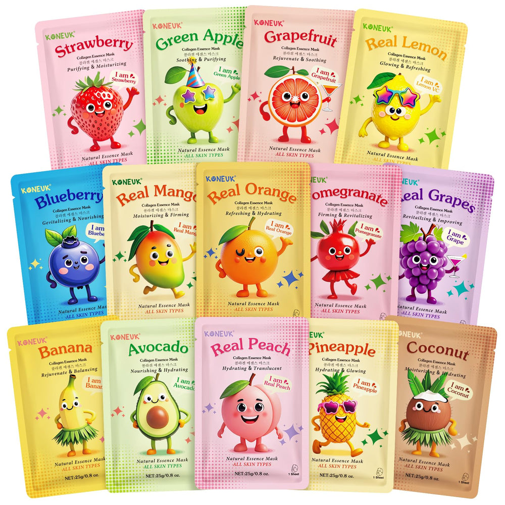 KONEUK 14-pack face mask set with diverse fruit flavors for daily skincare.