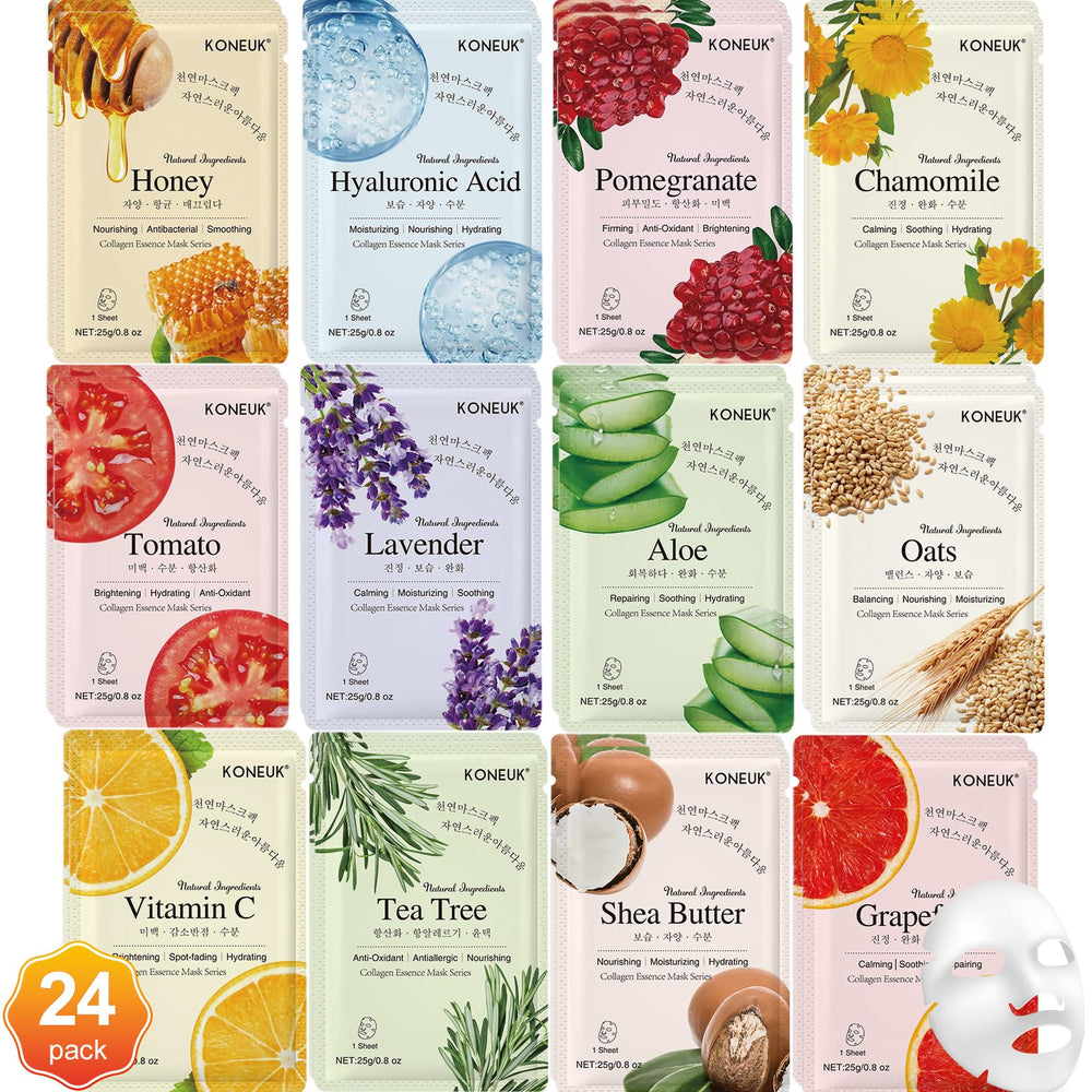 KONEUK 24-pack sheet masks varieties for daily hydration and skin nourishment.